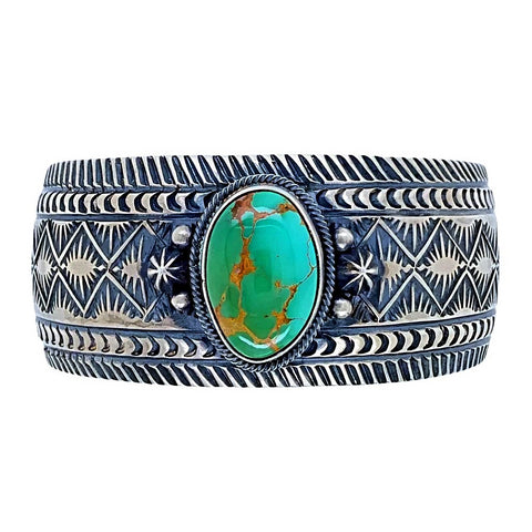 Image of Native American Bracelet - Stunning Navajo Royston Turquoise Deep-Set Stamped Sterling Silver Cuff Bracelet - Aaron Toadlena