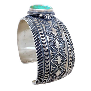 Native American Bracelet - Stunning Navajo Royston Turquoise Deep-Set Stamped Sterling Silver Cuff Bracelet - Aaron Toadlena