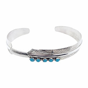Native American Bracelet - Thin Navajo Turquoise Feather Sterling Silver Cuff Bracelet - Aaron Davis - Native American