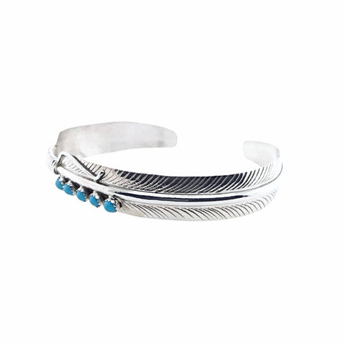 Image of Native American Bracelet - Thin Navajo Turquoise Feather Sterling Silver Cuff Bracelet - Aaron Davis - Native American
