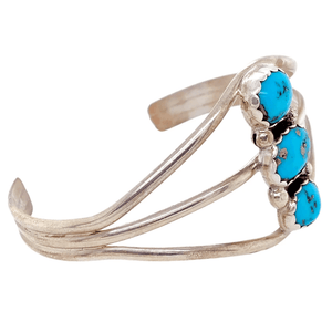 Native American Bracelet - Three Stone Navajo Pawn Kingman Turquoise Bracelet With Embellished Setting