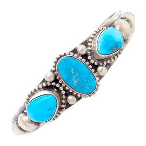 Native American Bracelet - Three Stone Turquoise Embellished Bracelet - B. Johnson, Navajo