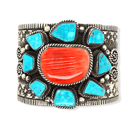 Image of Native American Bracelet - Turquoise And Spiny Oyster Stone Cluster Cuff Bracelet