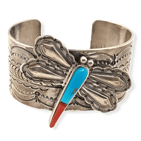 Image of Native American Bracelet - Turquoise & Coral Butterfly Cuff Bracelet Sterling Silver Bracelet