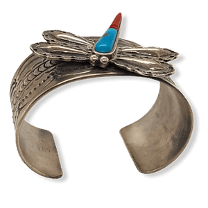 Native American Bracelet - Turquoise & Coral Butterfly Cuff Bracelet Sterling Silver Bracelet