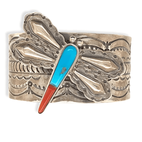 Image of Native American Bracelet - Turquoise & Coral Butterfly Cuff Bracelet Sterling Silver Bracelet