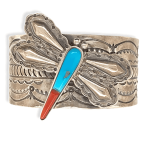 Native American Bracelet - Turquoise & Coral Butterfly Cuff Bracelet Sterling Silver Bracelet