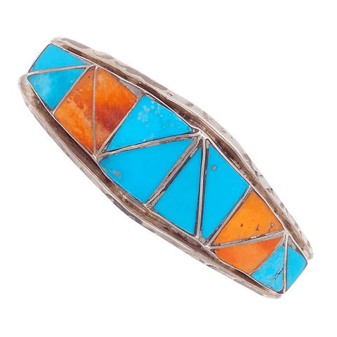 Image of Native American Bracelet - Turquoise & Spiny Oyster Inlay Zuni Pawn Bracelet Helen And Lincoln Zunie