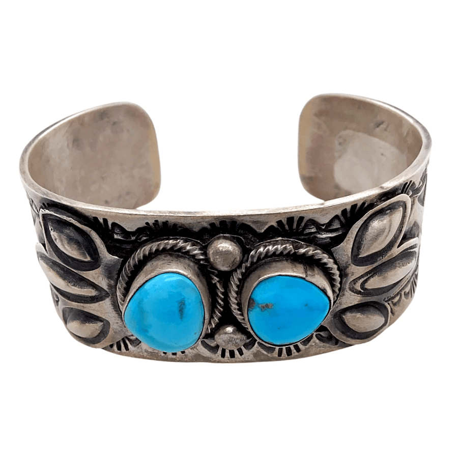 Native American Bracelet - Turquoise Two Stone Sleeping Beauty  Embellished Cuff Bracelet, Navajo