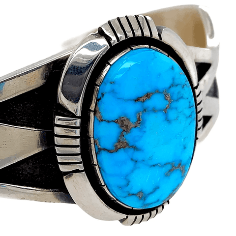 Image of Native American Bracelet - Unique Navajo High Grade Kingman Turquoise Sterling Bracelet - C. Willie