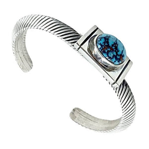 Native American Bracelet - Unique Navajo Kingman Turquoise Sterling Silver Geometric Cuff Bracelet - Native American