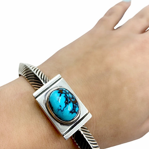 Image of Native American Bracelet - Unique Navajo Kingman Turquoise Sterling Silver Geometric Cuff Bracelet - Native American