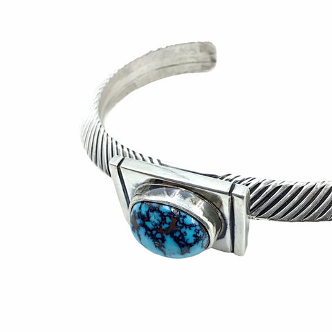 Image of Native American Bracelet - Unique Navajo Kingman Turquoise Sterling Silver Geometric Cuff Bracelet - Native American
