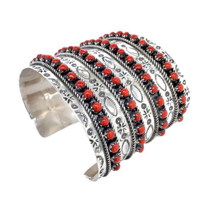 Native American Bracelet - Zuni 4 Row Red Coral Cuff Bracelet - Pearl Ukestine - Native American