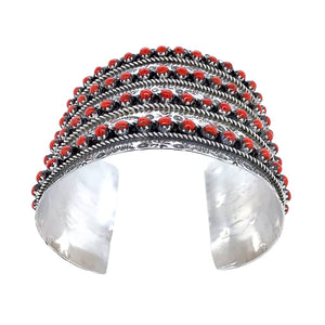 Native American Bracelet - Zuni 4 Row Red Coral Cuff Bracelet - Pearl Ukestine - Native American