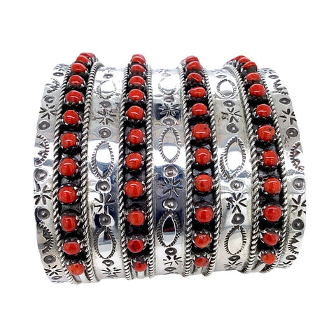 Image of Native American Bracelet - Zuni 4 Row Red Coral Cuff Bracelet - Pearl Ukestine - Native American