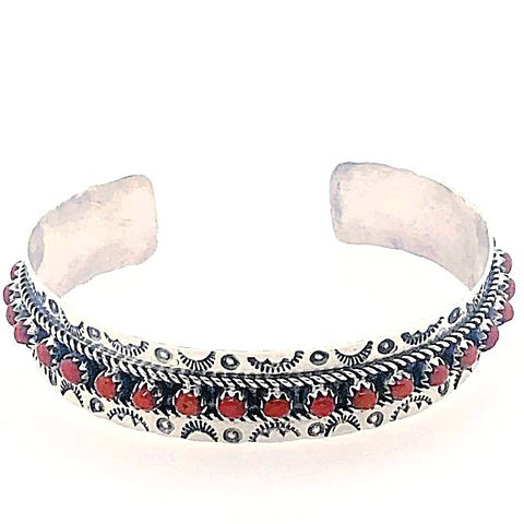Image of Native American Bracelet - Zuni Coral Dotted Row Cuff Bracelet
