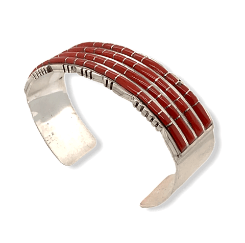 Image of Native American Bracelet - Zuni Handcrafted 4 Row Coral Inlay Bracelet - Sheldon Lalio