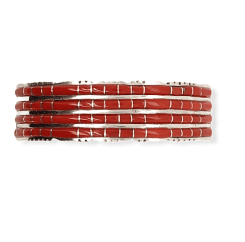 Image of Native American Bracelet - Zuni Handcrafted 4 Row Coral Inlay Bracelet - Sheldon Lalio