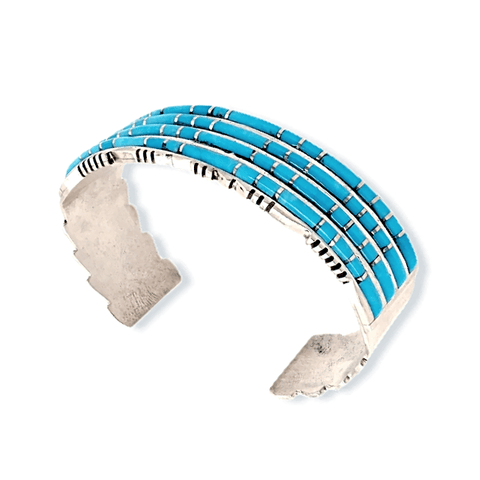 Image of Native American Bracelet - Zuni Handcrafted 4 Row Turquoise Inlay Bracelet - Sheldon Lalio