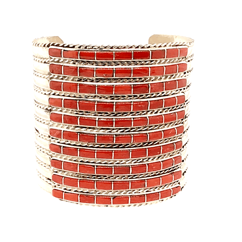 Image of Native American Bracelet - Zuni Inlay 10 Row Coral Cuff Bracelet