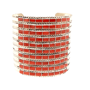 Native American Bracelet - Zuni Inlay 10 Row Coral Cuff Bracelet
