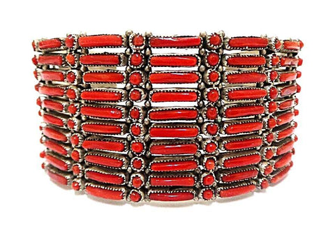 Image of Native American Bracelet - Zuni Petit Point 10 Row Coral Bracelet By: J. Wayaco