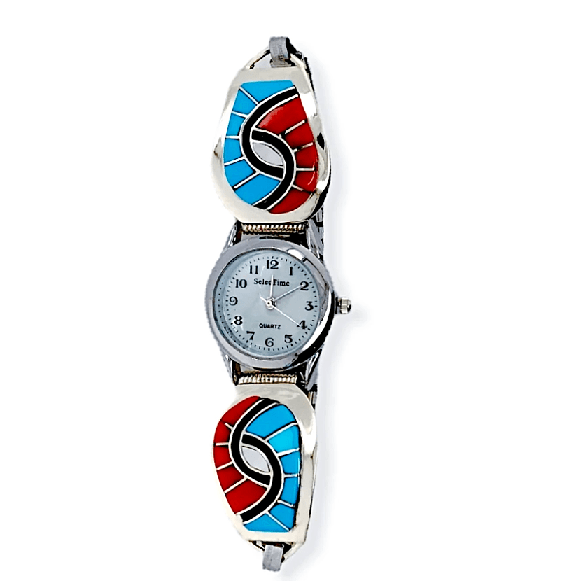 Sold Zuni Sleeping Beauty Turquoise and Coral Swirl Inlay Women s