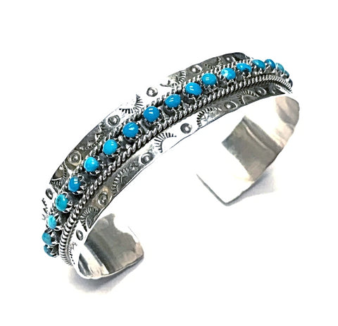 Image of Native American Bracelet - Zuni Sleeping Beauty Turquoise Dotted Row Cuff Bracelet