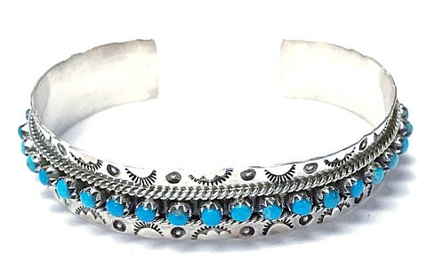 Image of Native American Bracelet - Zuni Sleeping Beauty Turquoise Dotted Row Cuff Bracelet