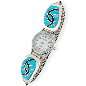 Native American Bracelet - Zuni Sleeping Beauty Turquoise Swirl Inlay Women's Watch - Amy Quandelacy
