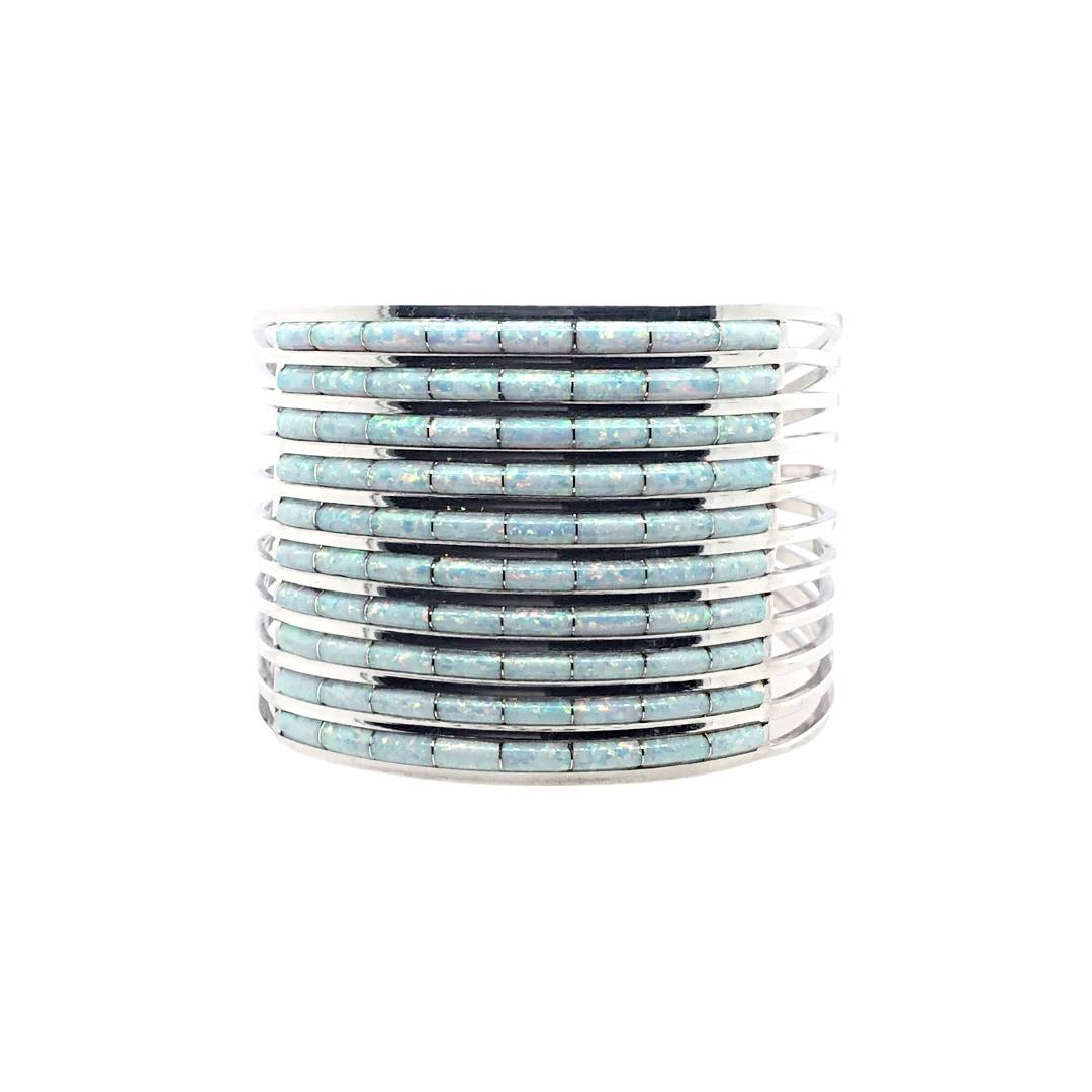 Native American Bracelet - Zuni Ten Row Inlay Created Opal Cuff Bracelet - Native American