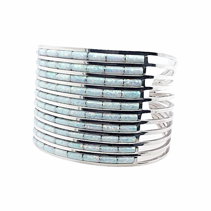 Native American Bracelet - Zuni Ten Row Inlay Created Opal Cuff Bracelet - Native American