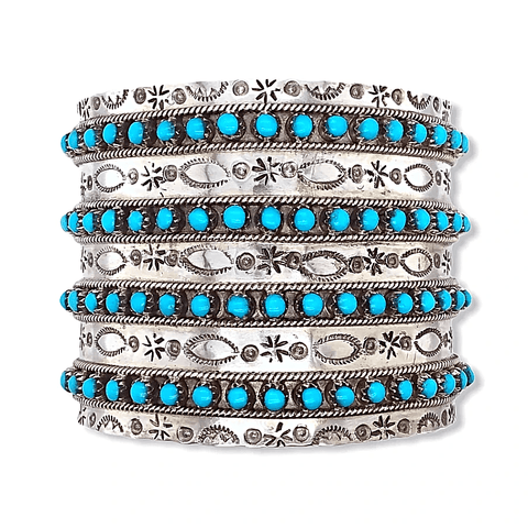 Image of Native American Bracelet - Zuni Turquoise 4 Row Sleeping Beauty Cuff Bracelet - Pearl Ukestine
