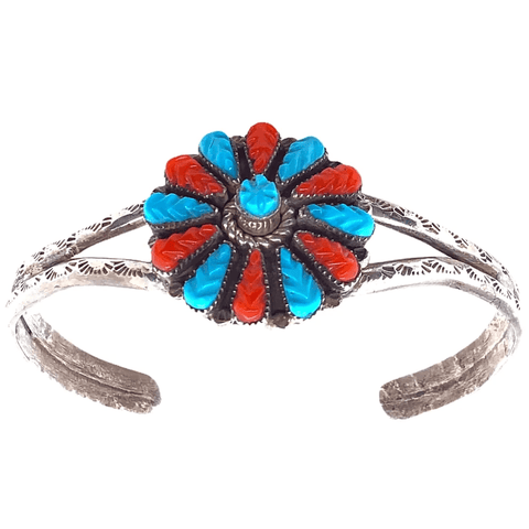 Image of Native American Bracelet - Zuni Turquoise & Coral Inlay Blossom Pawn Bracelet