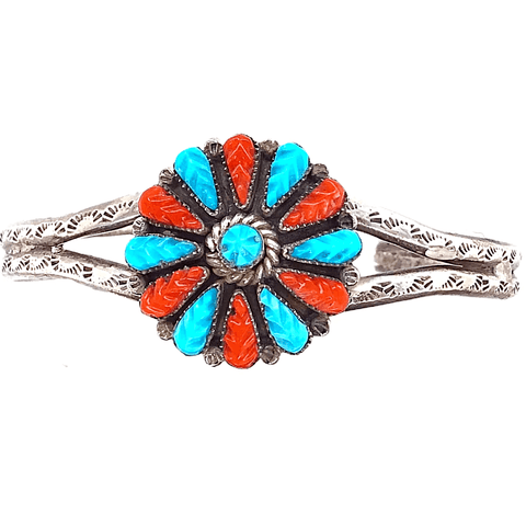 Image of Native American Bracelet - Zuni Turquoise & Coral Inlay Blossom Pawn Bracelet