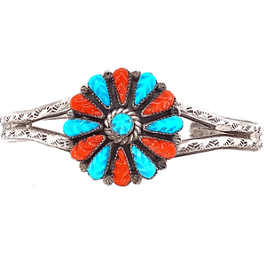 Native American Bracelet - Zuni Turquoise & Coral Inlay Blossom Pawn Bracelet