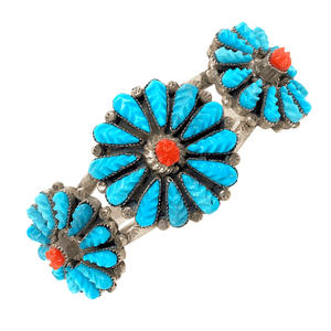 Native American Bracelet - Zuni Turquoise & Coral Inlay Three Blossom Pawn Bracelet