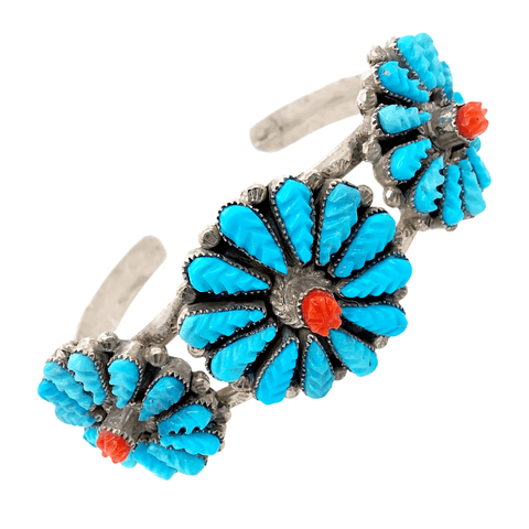 Image of Native American Bracelet - Zuni Turquoise & Coral Inlay Three Blossom Pawn Bracelet