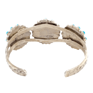 Native American Bracelet - Zuni Turquoise & Coral Inlay Three Blossom Pawn Bracelet