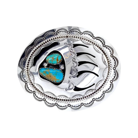 Image of Native American Buckle - Navajo Bear Claw Shadow Box Kingman Turquoise Belt Buckle - Native American