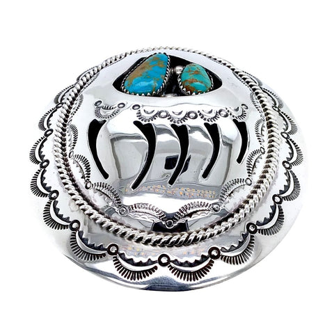 Image of Native American Buckle - Navajo Bear Claw Shadow Box Kingman Turquoise Belt Buckle - Native American