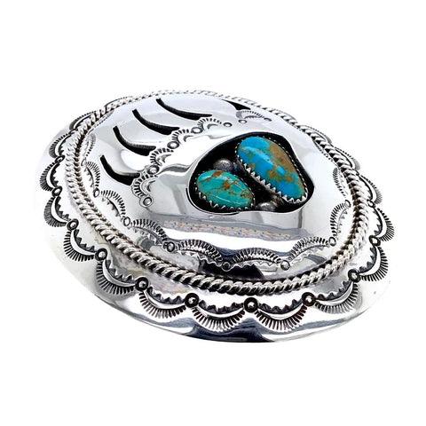 Image of Native American Buckle - Navajo Bear Claw Shadow Box Kingman Turquoise Belt Buckle - Native American