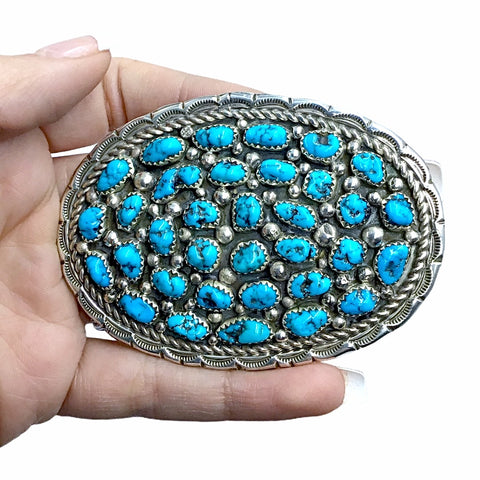 Image of Native American Buckle - Navajo Fine Kingman Turquoise Cluster Stamped Sterling Silver Belt Buckle - Native American