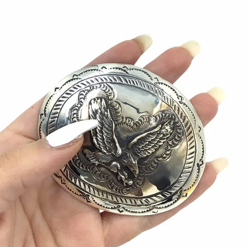 Image of Native American Buckle - Navajo Hunting Eagle Engraved & Stamped Southwestern Sterling Silver Belt Buckle - Carson Blackgoat - Native American