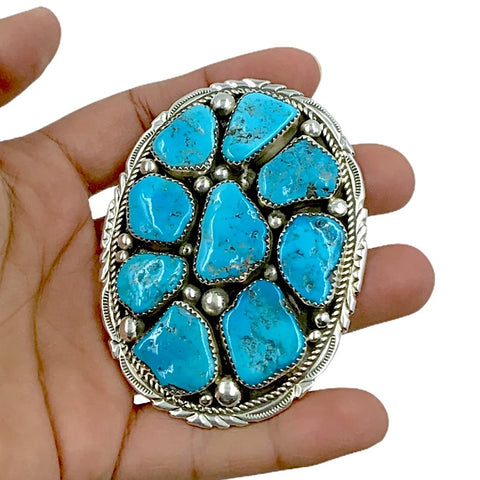 Image of Native American Buckle - Navajo Kingman Turquoise Cluster Stamped Sterling Silver Belt Buckle - Marie Thompson - Native American