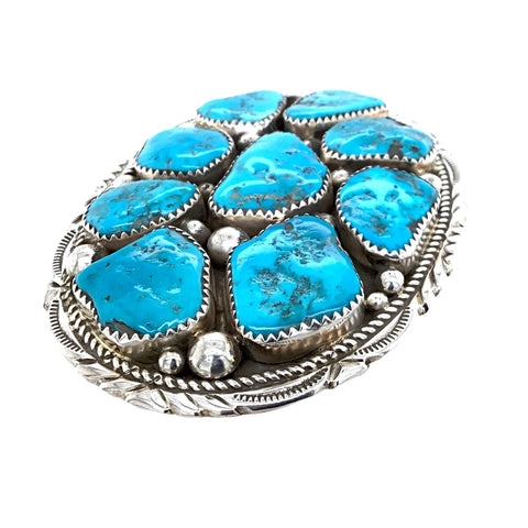 Image of Native American Buckle - Navajo Kingman Turquoise Cluster Stamped Sterling Silver Belt Buckle - Marie Thompson - Native American