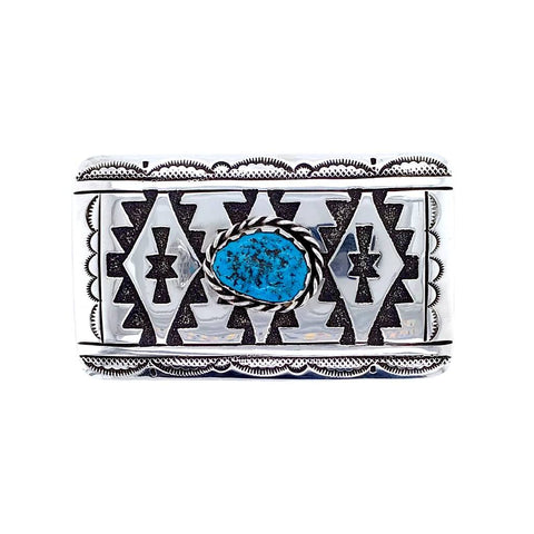 Image of Native American Buckle - Navajo Kingman Turquoise Engraved & Stamped Sterling Silver Belt Buckle - T & R Singer - Native American