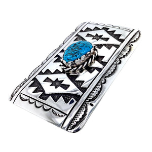 Native American Buckle - Navajo Kingman Turquoise Engraved & Stamped Sterling Silver Belt Buckle - T & R Singer - Native American