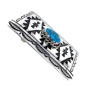 Native American Buckle - Navajo Kingman Turquoise Engraved & Stamped Sterling Silver Belt Buckle - T & R Singer - Native American